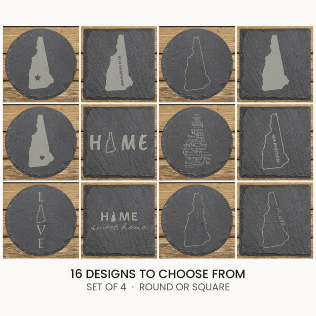 New Hampshire slate coaster set, laser engraved natural stone