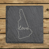 New Hampshire square slate coaster engraved with a hand-drawn state outline and love in cursive