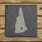 New Hampshire square slate coaster engraved with the state shape and a heart