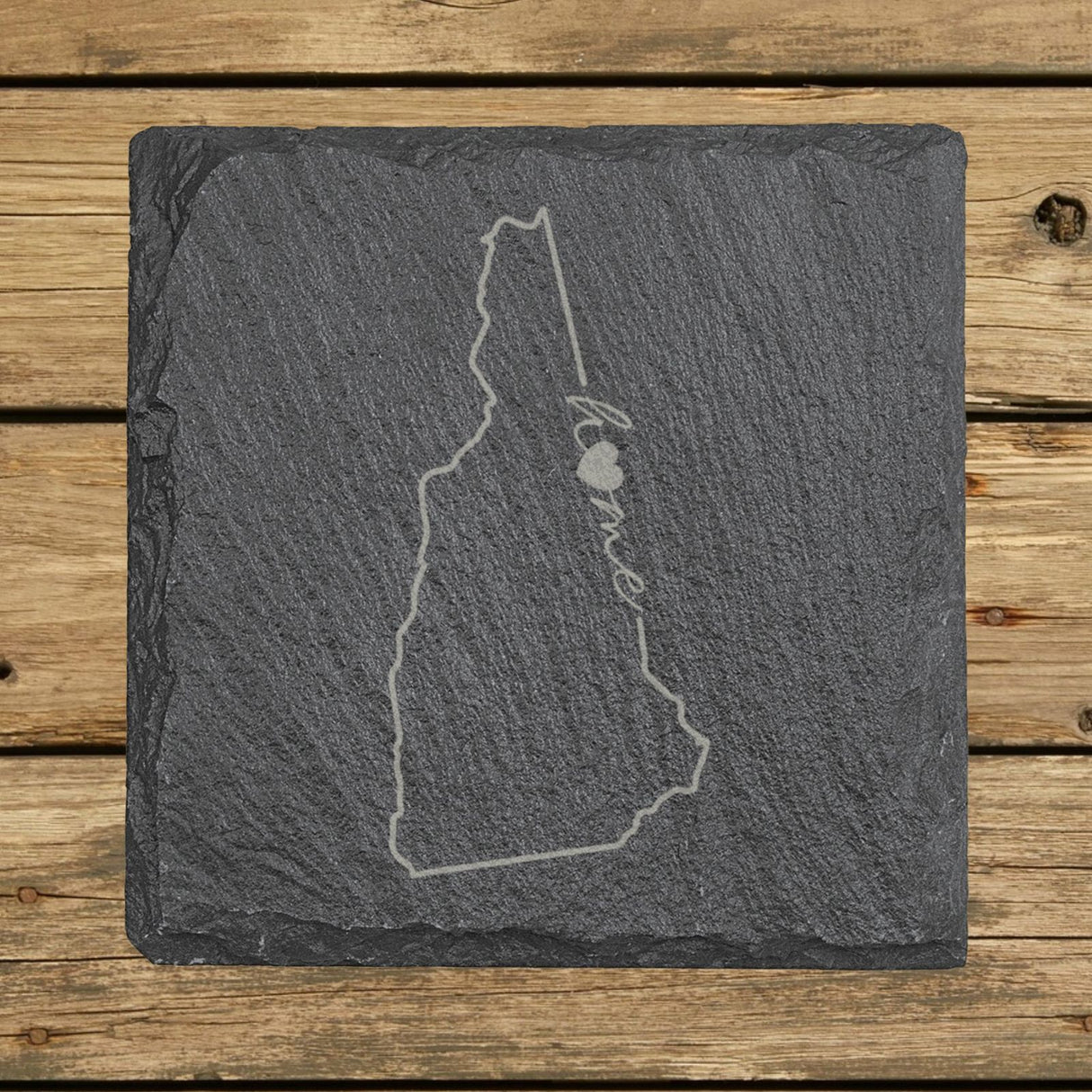 New Hampshire square slate coaster engraved with the state outline and home in script with a heart