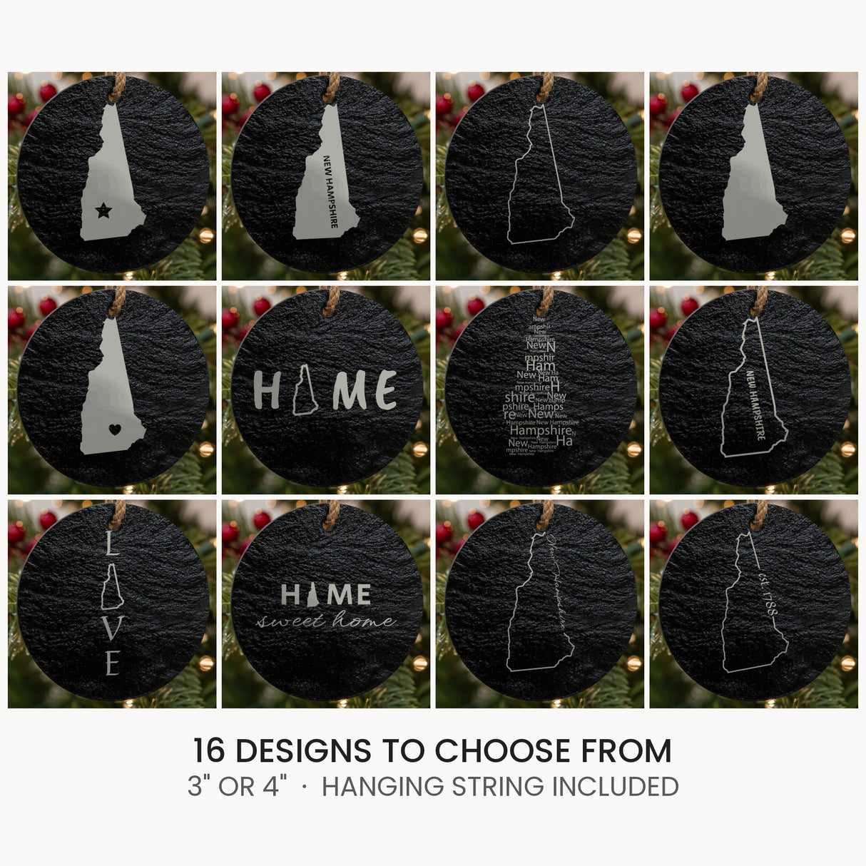 New Hampshire slate Christmas ornament, laser engraved natural stone