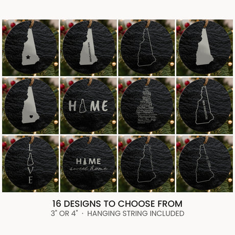 New Hampshire slate Christmas ornament, laser engraved natural stone