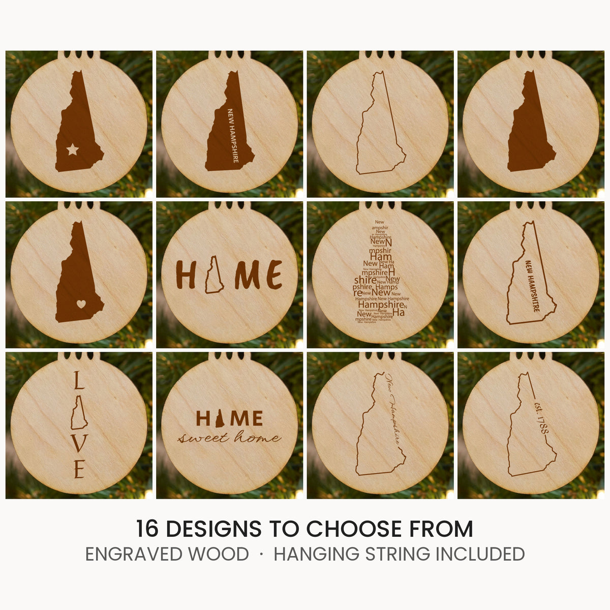 New Hampshire wood Christmas ornament, laser engraved natural wood