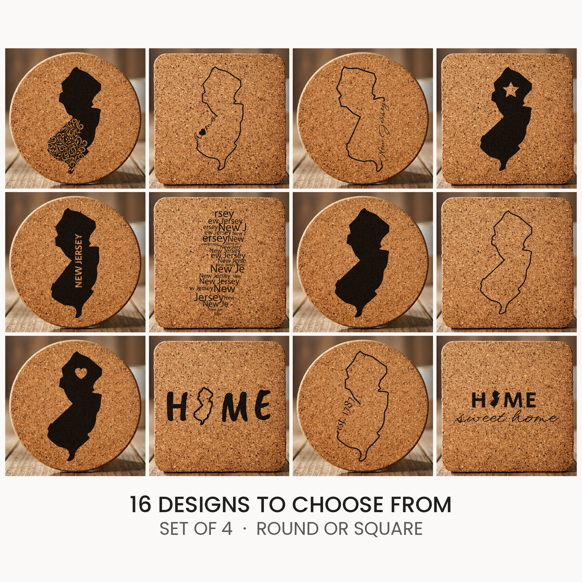 New Jersey cork coaster set, laser engraved natural cork