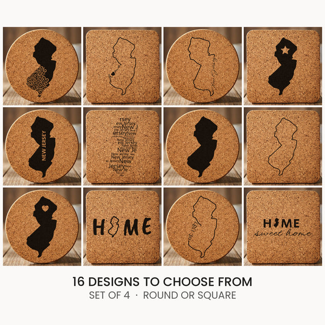 New Jersey cork coaster set, laser engraved natural cork