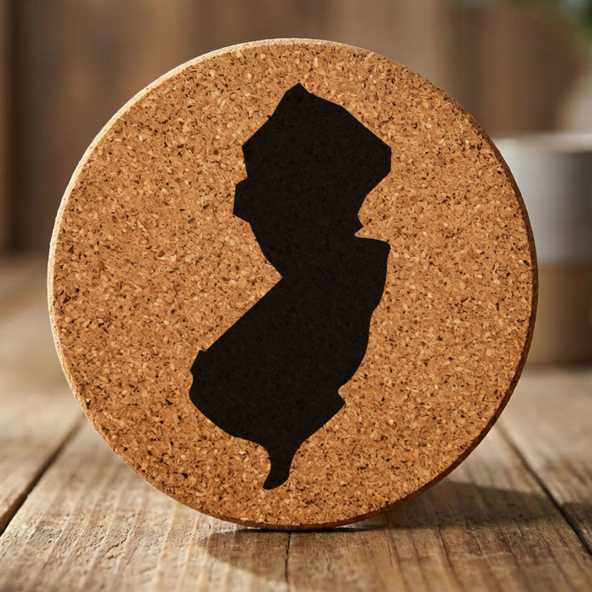 New Jersey round cork coaster with the full state shape engraved