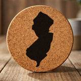 New Jersey round cork coaster with the full state shape engraved