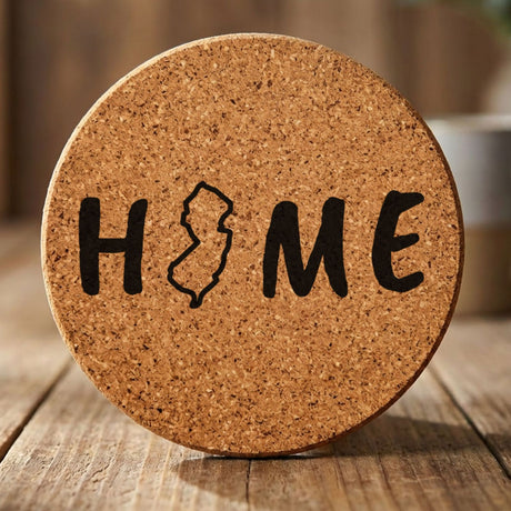 New Jersey round cork coaster engraved with HOME using the state outline as the letter O
