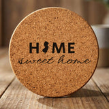 New Jersey round cork coaster engraved with HOME sweet home using the state shape as the letter O