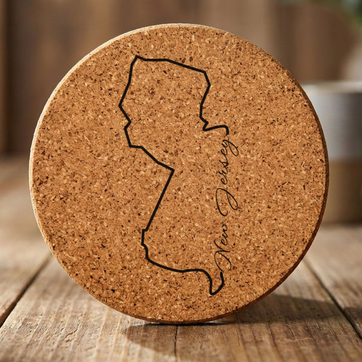New Jersey round cork coaster engraved with the state outline and New Jersey in script lettering