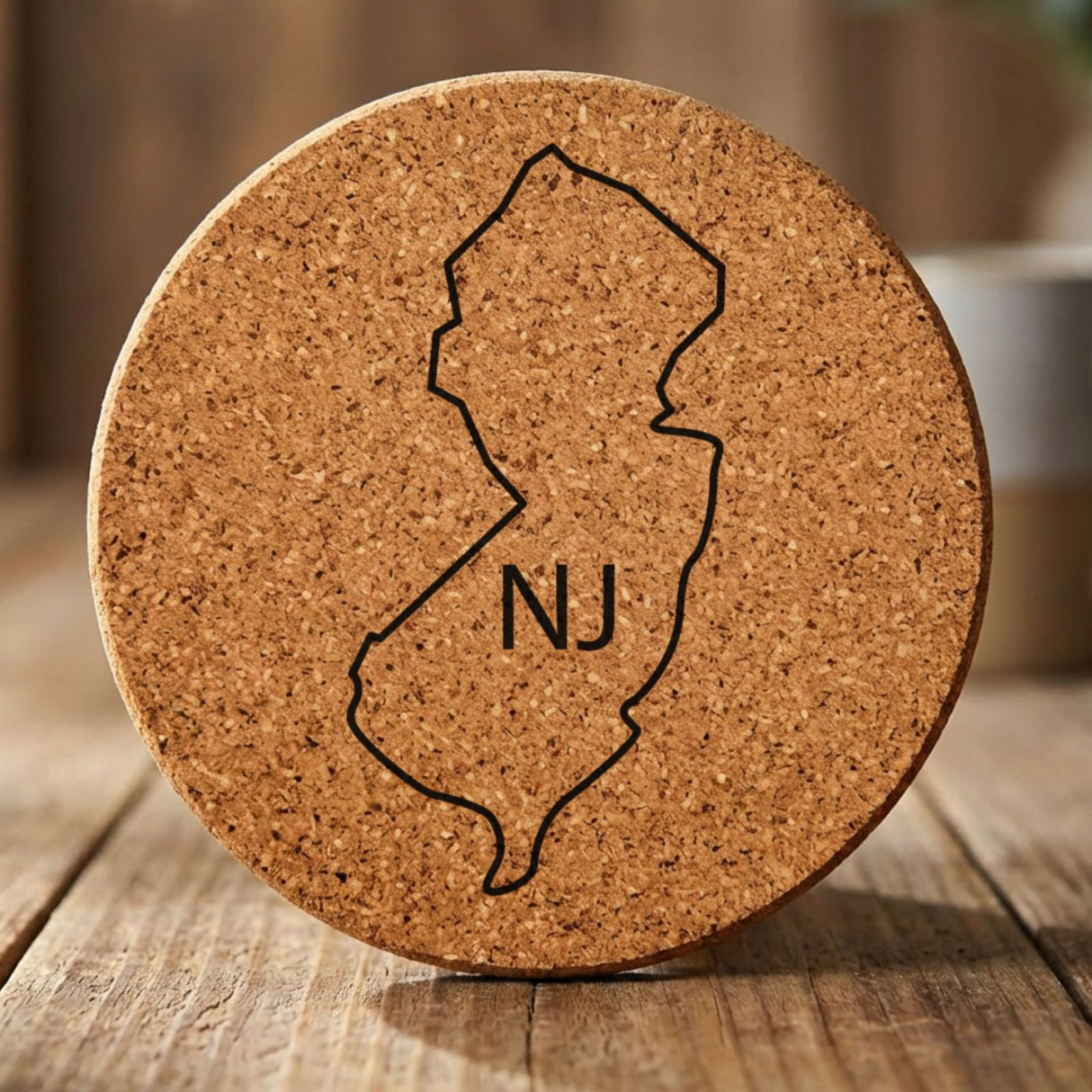 New Jersey round cork coaster engraved with the state outline and NJ initials