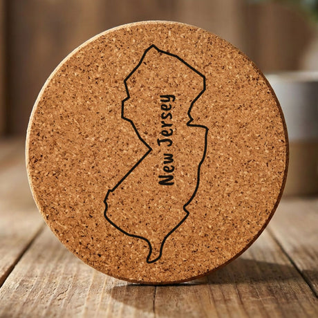 New Jersey round cork coaster engraved with the state outline and NEW JERSEY running vertically
