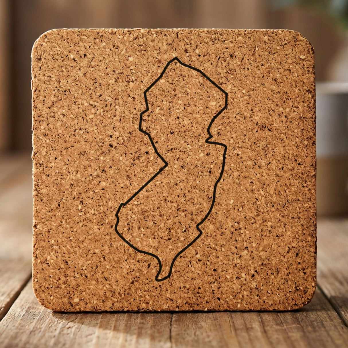 New Jersey square cork coaster engraved with a clean state outline