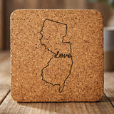 New Jersey square cork coaster engraved with a hand-drawn state outline and love in cursive