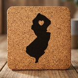 New Jersey square cork coaster engraved with the state shape and a heart