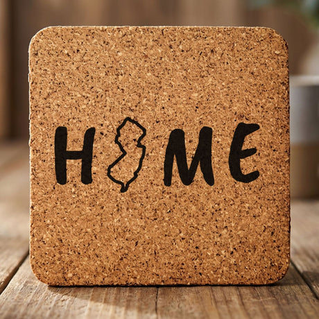 New Jersey square cork coaster engraved with HOME using the state outline as the letter O