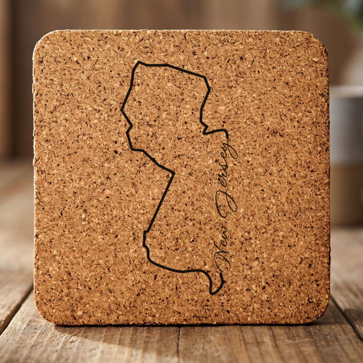 New Jersey square cork coaster engraved with the state outline and New Jersey in script lettering