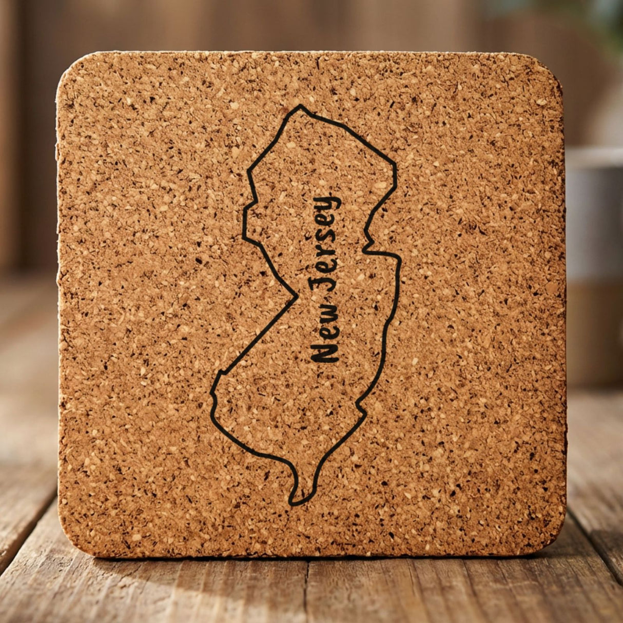 New Jersey square cork coaster engraved with the state outline and NEW JERSEY running vertically