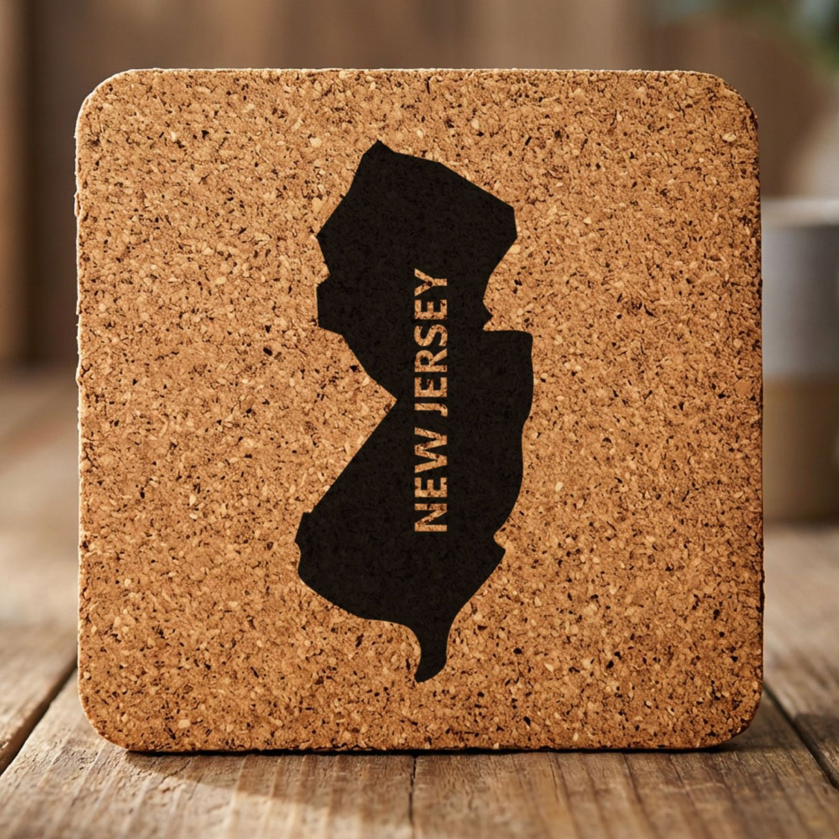 New Jersey square cork coaster with the engraved state shape and NEW JERSEY running vertically