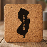 New Jersey square cork coaster with the engraved state shape and NEW JERSEY running vertically