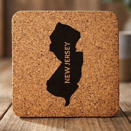 New Jersey square cork coaster with the engraved state shape and NEW JERSEY running vertically