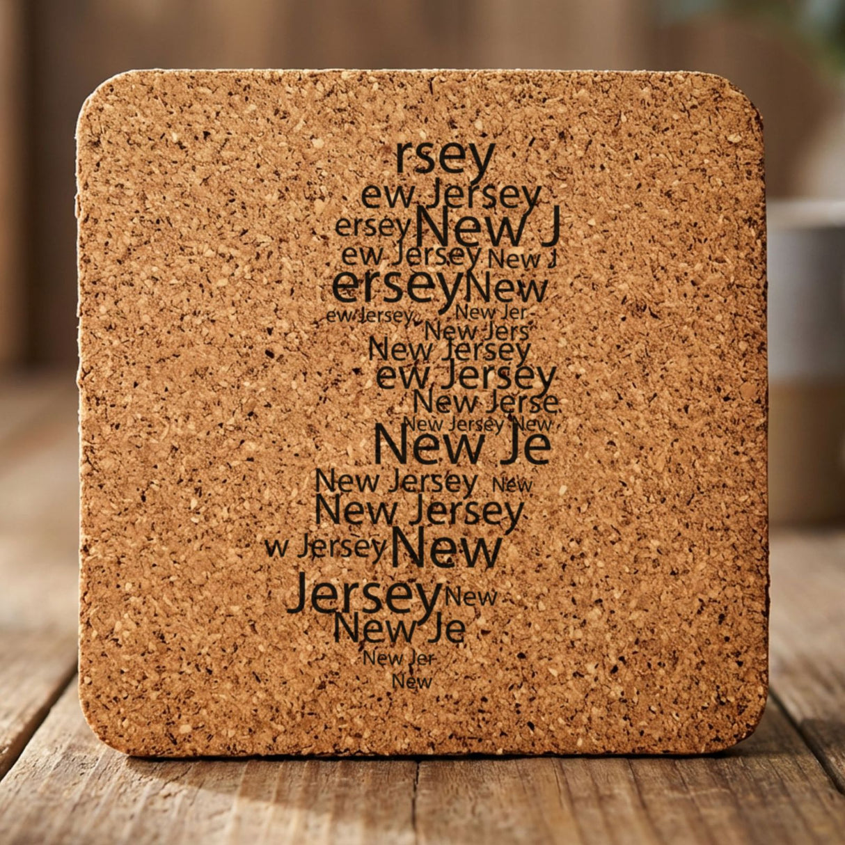 New Jersey square cork coaster engraved with a word cloud of repeating New Jersey text