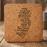 New Jersey square cork coaster engraved with a word cloud of repeating New Jersey text