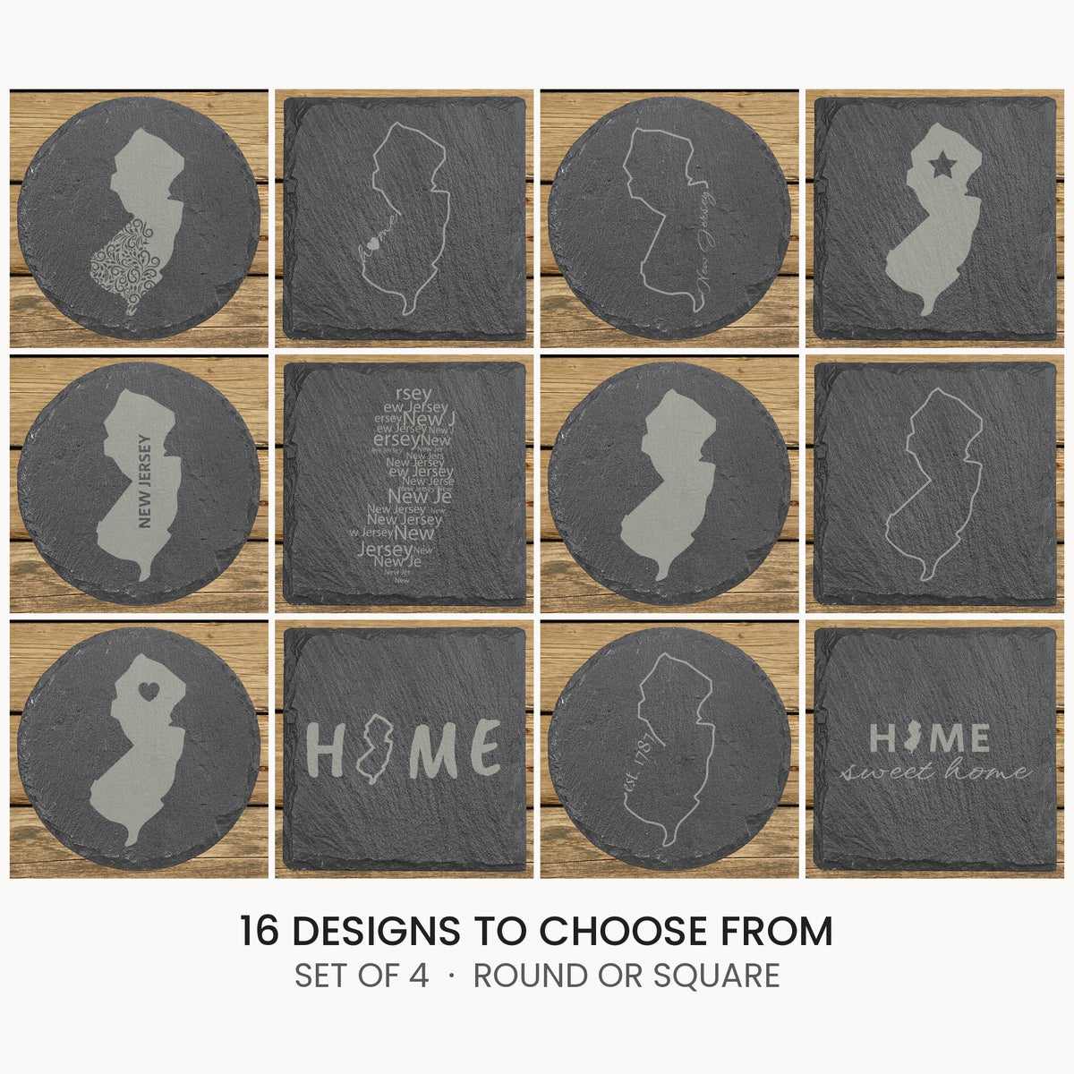 New Jersey slate coaster set, laser engraved natural stone
