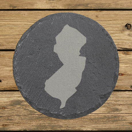 New Jersey round slate coaster with the full state shape engraved