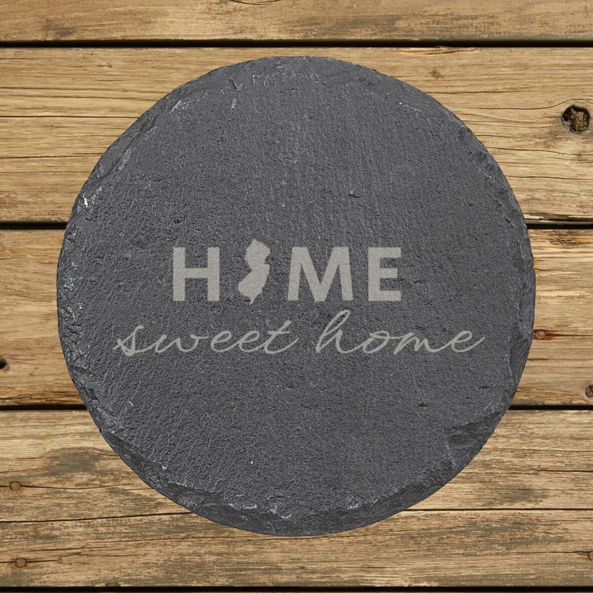 New Jersey round slate coaster engraved with HOME sweet home using the state shape as the letter O
