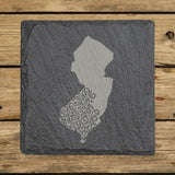 New Jersey square slate coaster engraved with the state shape in ornate floral scrollwork