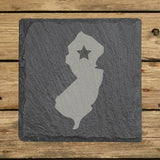 New Jersey square slate coaster engraved with the state shape and a star