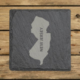 New Jersey square slate coaster with the engraved state shape and NEW JERSEY running vertically