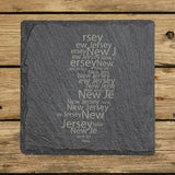 New Jersey square slate coaster engraved with a word cloud of repeating New Jersey text