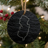 New Jersey round slate Christmas ornament engraved with the state outline and est. 1787