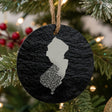 New Jersey round slate Christmas ornament engraved with the state shape in ornate floral scrollwork