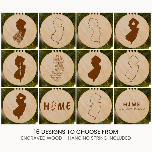 New Jersey wood Christmas ornament, laser engraved natural wood