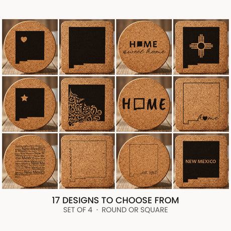 New Mexico cork coaster set, laser engraved natural cork