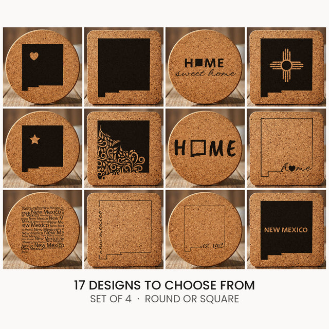New Mexico cork coaster set, laser engraved natural cork