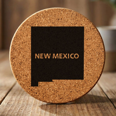 New Mexico round cork coaster engraved with the state shape and NEW MEXICO in bold lettering