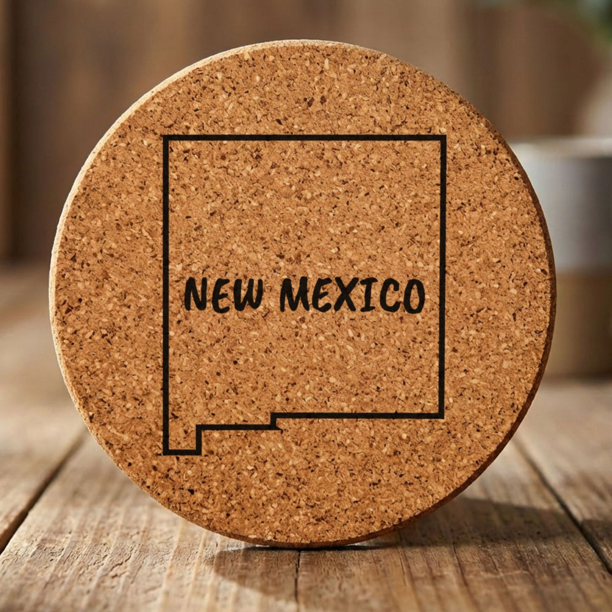New Mexico round cork coaster engraved with the state outline and NEW MEXICO in hand-drawn brush lettering