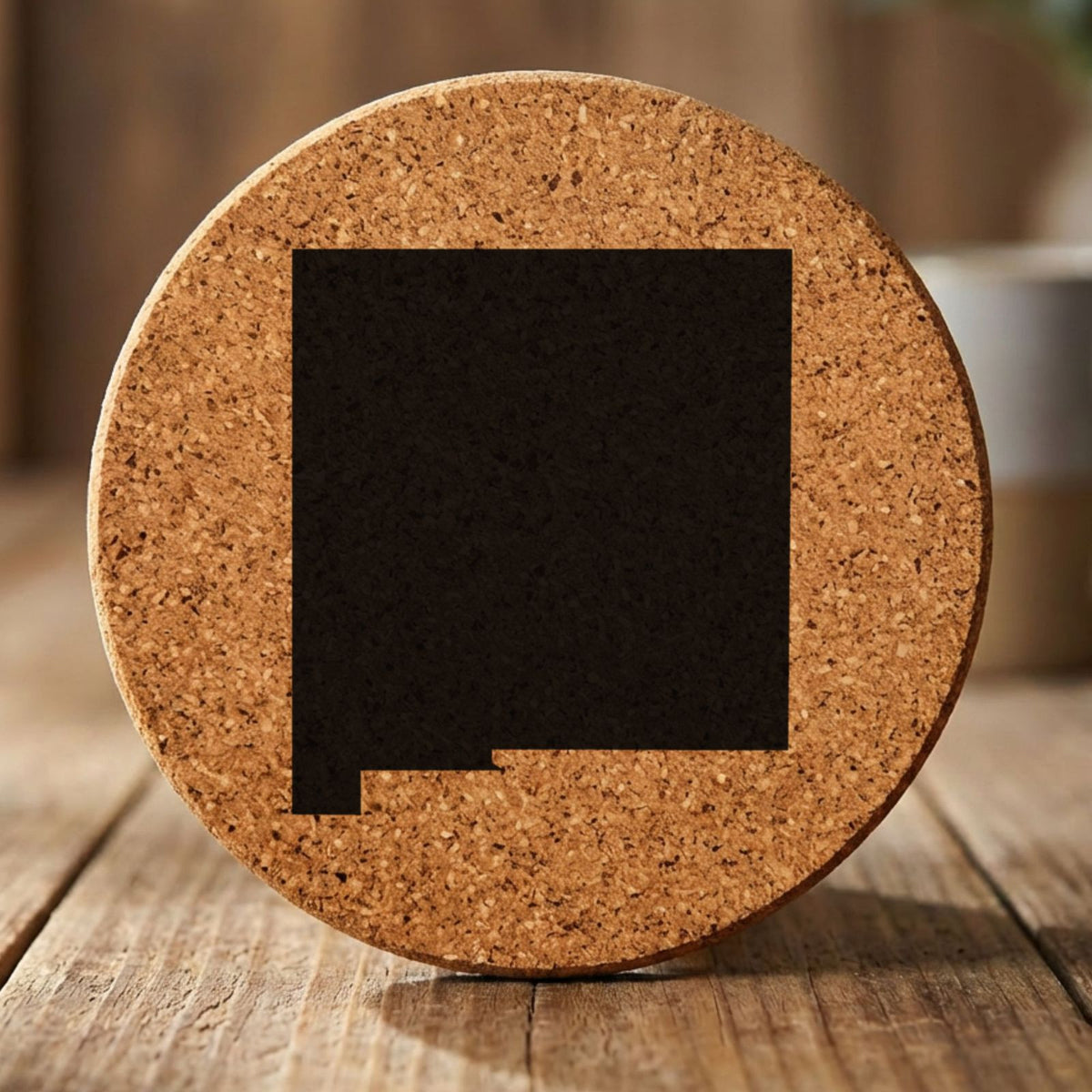 New Mexico round cork coaster with the full state shape engraved