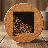 New Mexico round cork coaster engraved with the state shape in ornate floral scrollwork