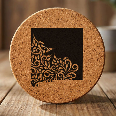 New Mexico round cork coaster engraved with the state shape in ornate floral scrollwork