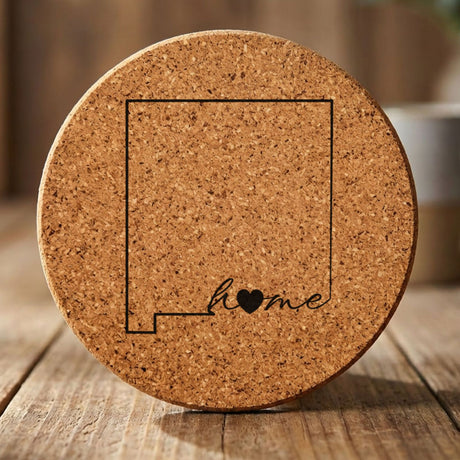 New Mexico round cork coaster engraved with the state outline and home in script with a heart