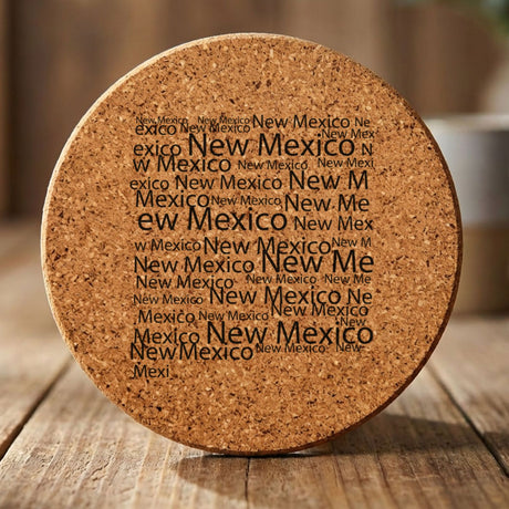 New Mexico round cork coaster engraved with a word cloud of repeating New Mexico text