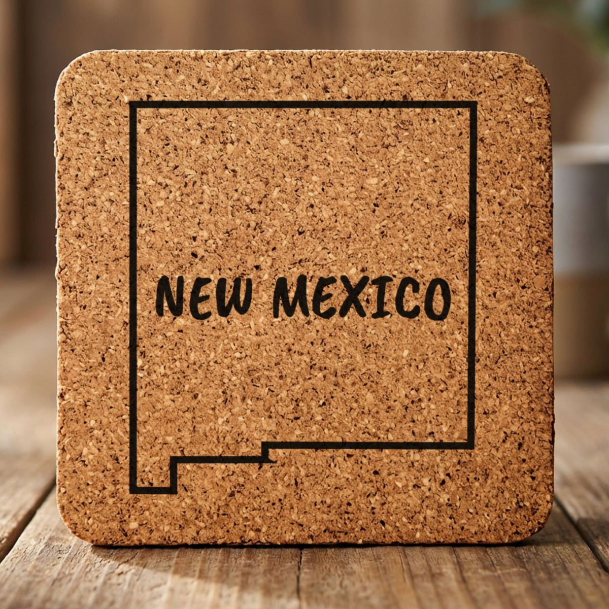 New Mexico square cork coaster engraved with the state outline and NEW MEXICO in hand-drawn brush lettering