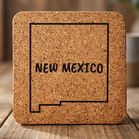 New Mexico square cork coaster engraved with the state outline and NEW MEXICO in hand-drawn brush lettering