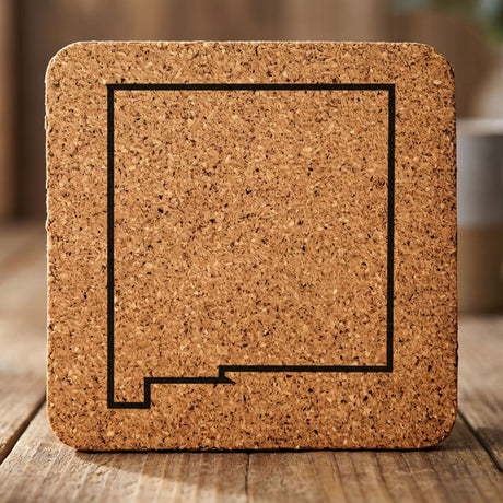 New Mexico square cork coaster engraved with a clean state outline