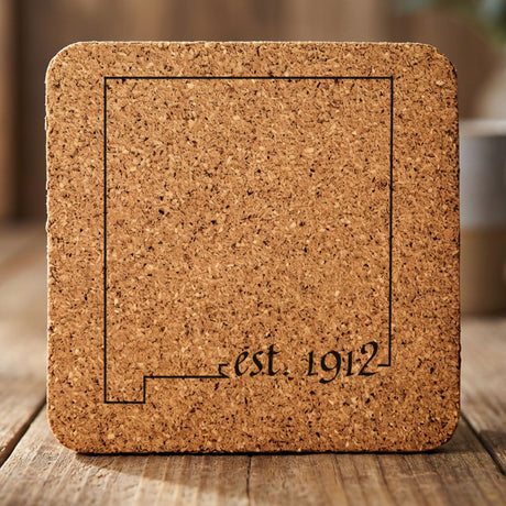 New Mexico square cork coaster engraved with the state outline and est. 1912